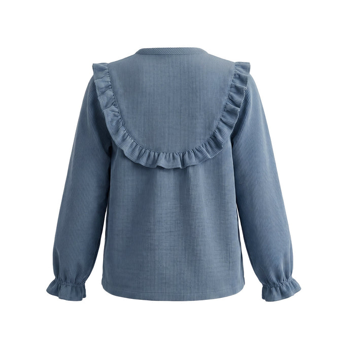 Your Wishes - Rib Denim Ruﬄe Blouse