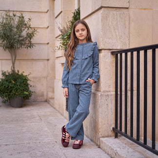 Your Wishes - Rib Denim Ruﬄe Blouse
