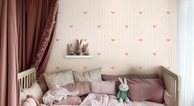 Roze Hartjes Gestreept Behang - Happy Wall