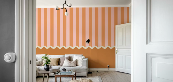 Strepen en Geschulpt Behang Oranje & Roze - Happy Wall