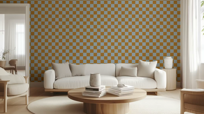 Checker Behang Warm Oker en Blauw - Happy Wall