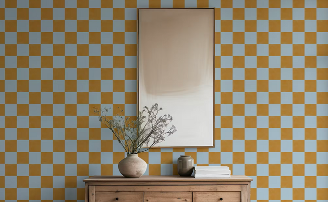 Checker Behang Warm Oker en Blauw - Happy Wall