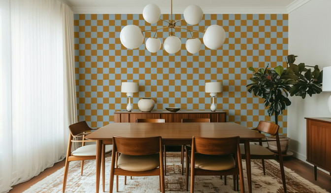 Checker Behang Warm Oker en Blauw - Happy Wall