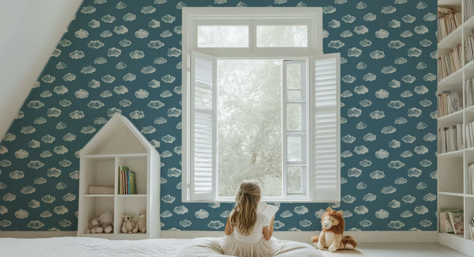Krijt Wolkjes Behang Slate Blue - Happy Wall