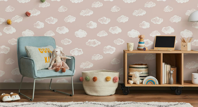 Krijt Wolkjes Behang Pink Blush - Happy Wall