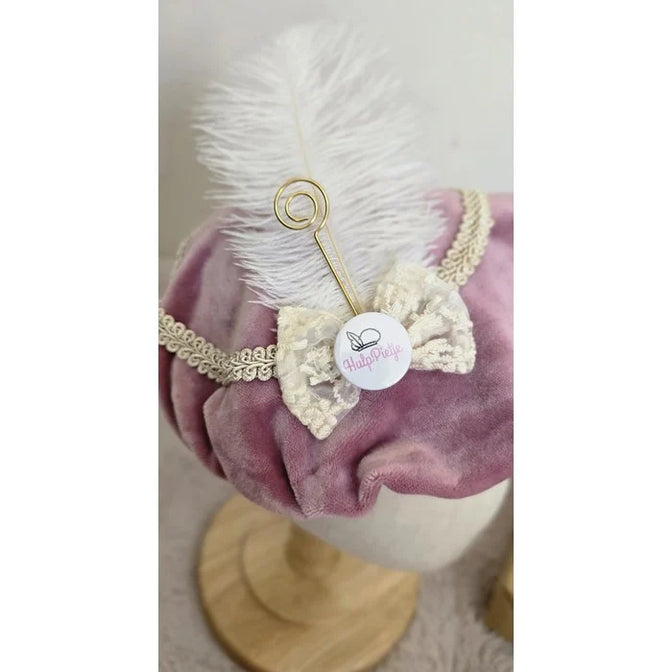 Luxuriöse Piet-Mütze mit Weihnachtsmannstab und Schleife - Rosa Samt - Zoemi Baby